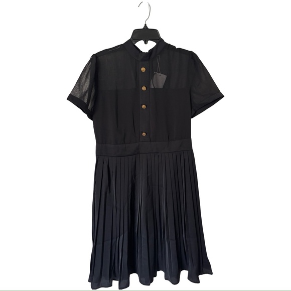 NWT Mooyius Elegant Sheer High-Neck Button-Up Pleated Black Dress size large - Picture 2 of 5